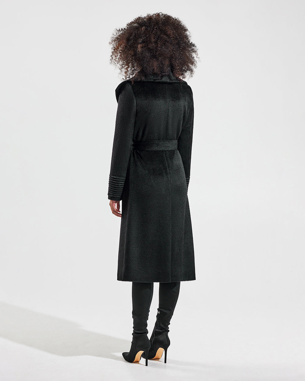 Sentaler Suri Alpaca Long Shawl Collar Wrap Black Coat in Suri Alpaca wool. Seen from back belted on female model.