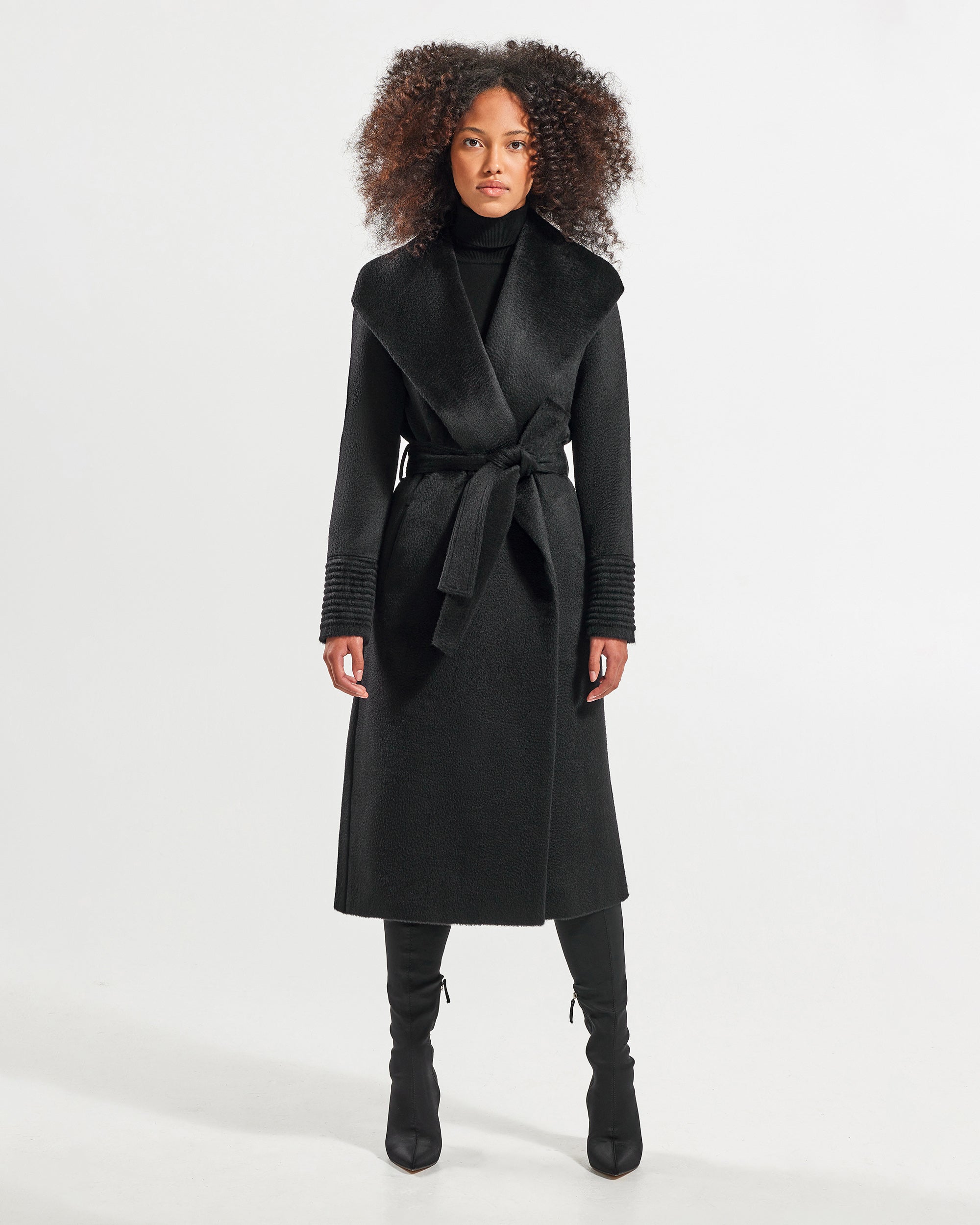 Suri Alpaca Long Shawl Collar Wrap Black Coat | SENTALER