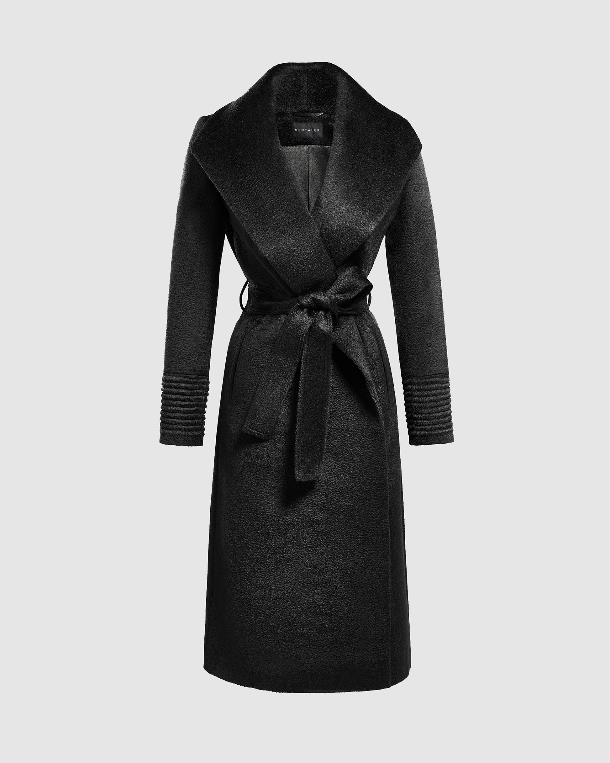 Sentaler long black wrap coat made of suri alpaca wool with a shawl collar, belted.