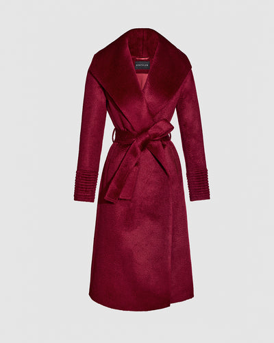 Sentaler Suri Alpaca Long Shawl Collar Wrap Bordeaux Coat in Suri Alpaca wool. Seen as belted off figure.