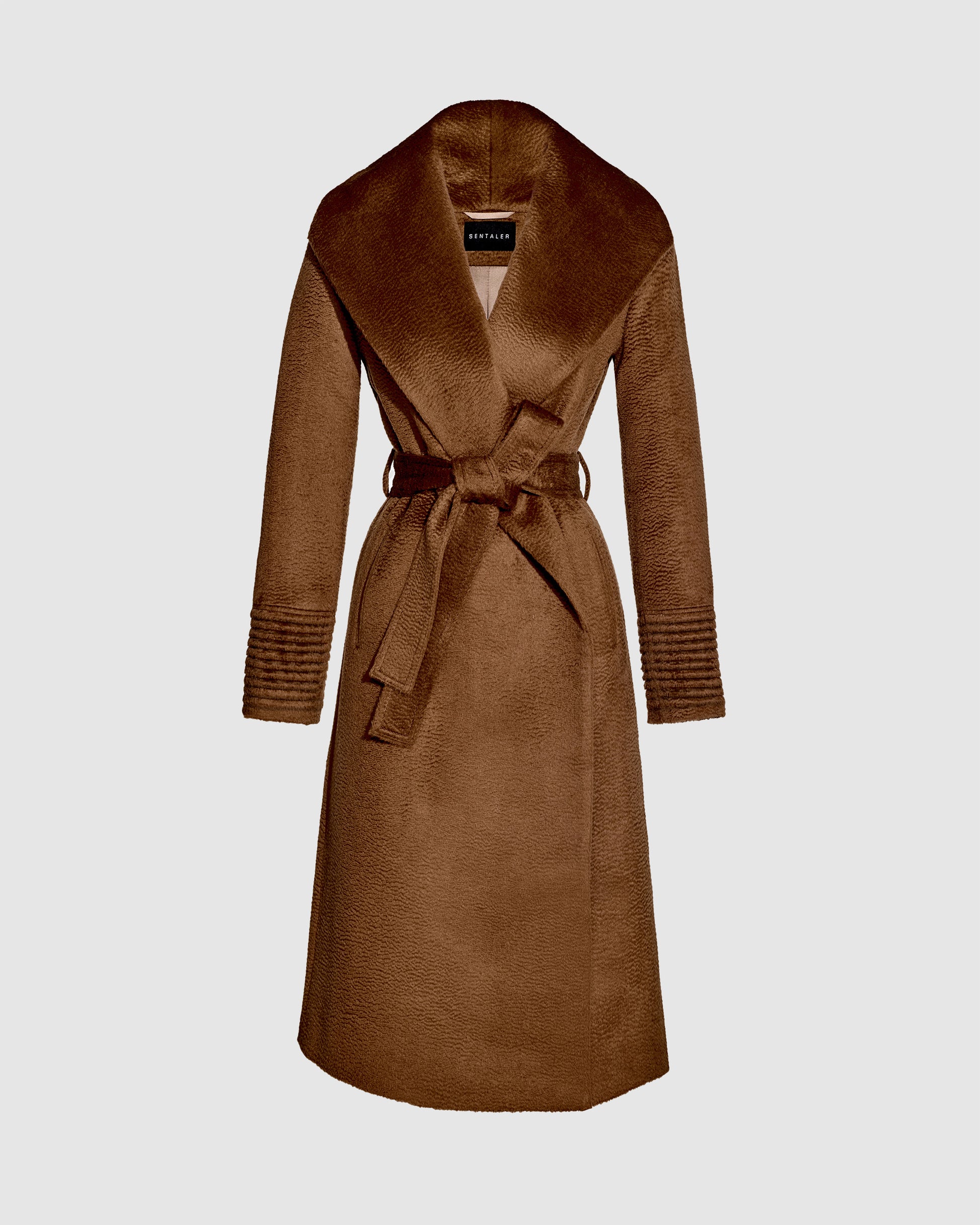 Sentaler long caramel wrap coat made of suri alpaca wool with a shawl collar, belted.