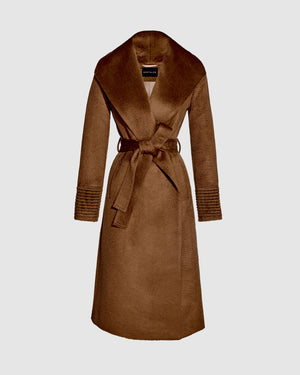 Sentaler long caramel wrap coat made of suri alpaca wool with a shawl collar, belted.