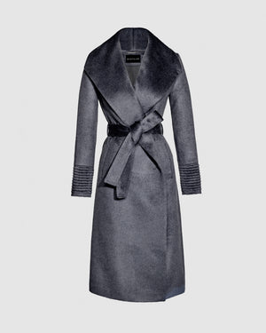 Sentaler long graphite grey wrap coat made of suri alpaca wool with a shawl collar, belted.