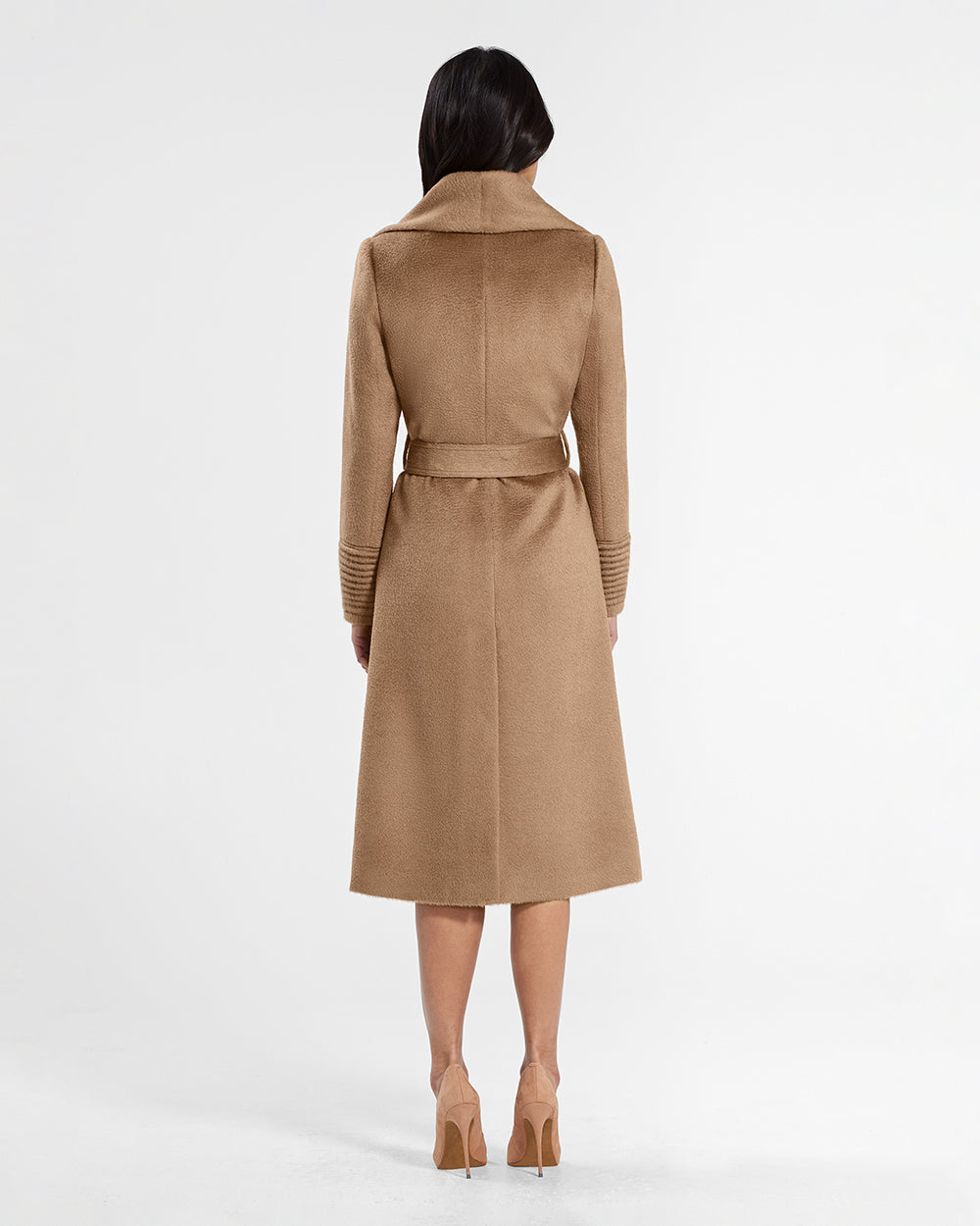 Sentaler Suri Alpaca Long Shawl Collar Wrap Dark Camel Coat in Suri Alpaca wool. Seen from back belted on female model.