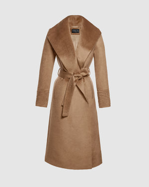 Sentaler long dark camel wrap coat made of suri alpaca wool with a shawl collar, belted.