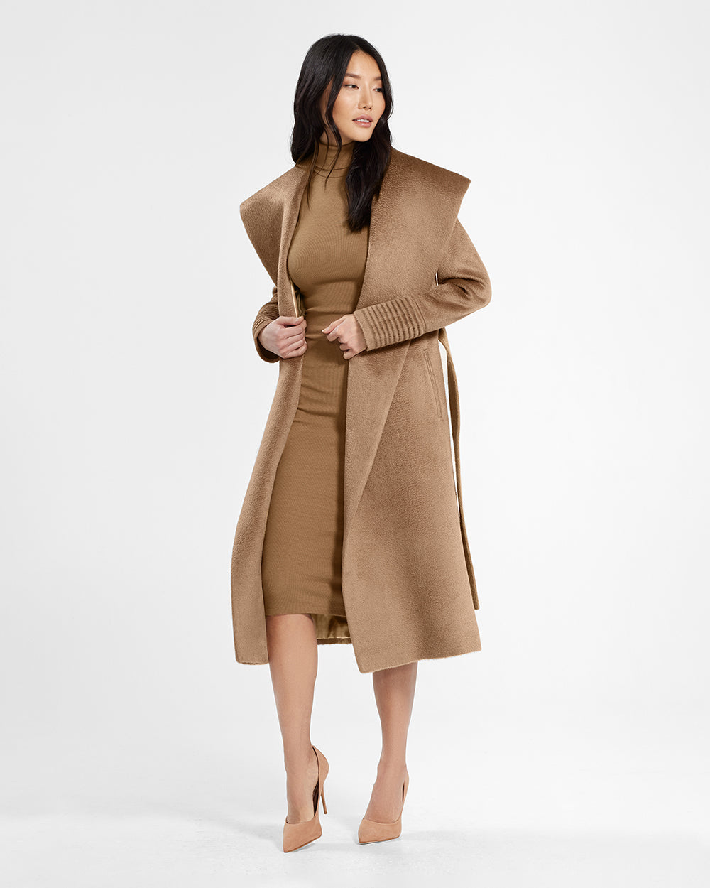 Sentaler Suri Alpaca Long Shawl Collar Wrap Dark Camel Coat in Suri Alpaca wool. Seen from side open on female model.