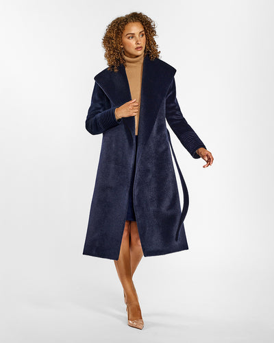 Sentaler Suri Alpaca Long Shawl Collar Wrap Deep Navy Coat in Suri Alpaca wool. Seen from front open on female model.