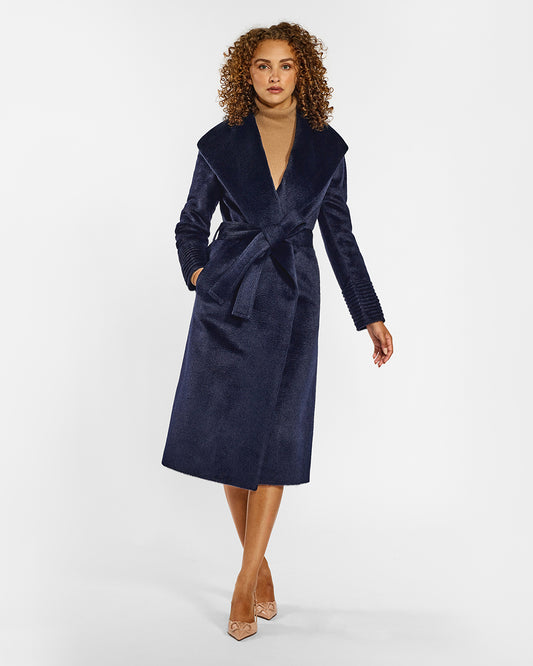 Sentaler Suri Alpaca Long Shawl Collar Wrap Deep Navy Coat in Suri Alpaca wool. Seen from front belted on female model.