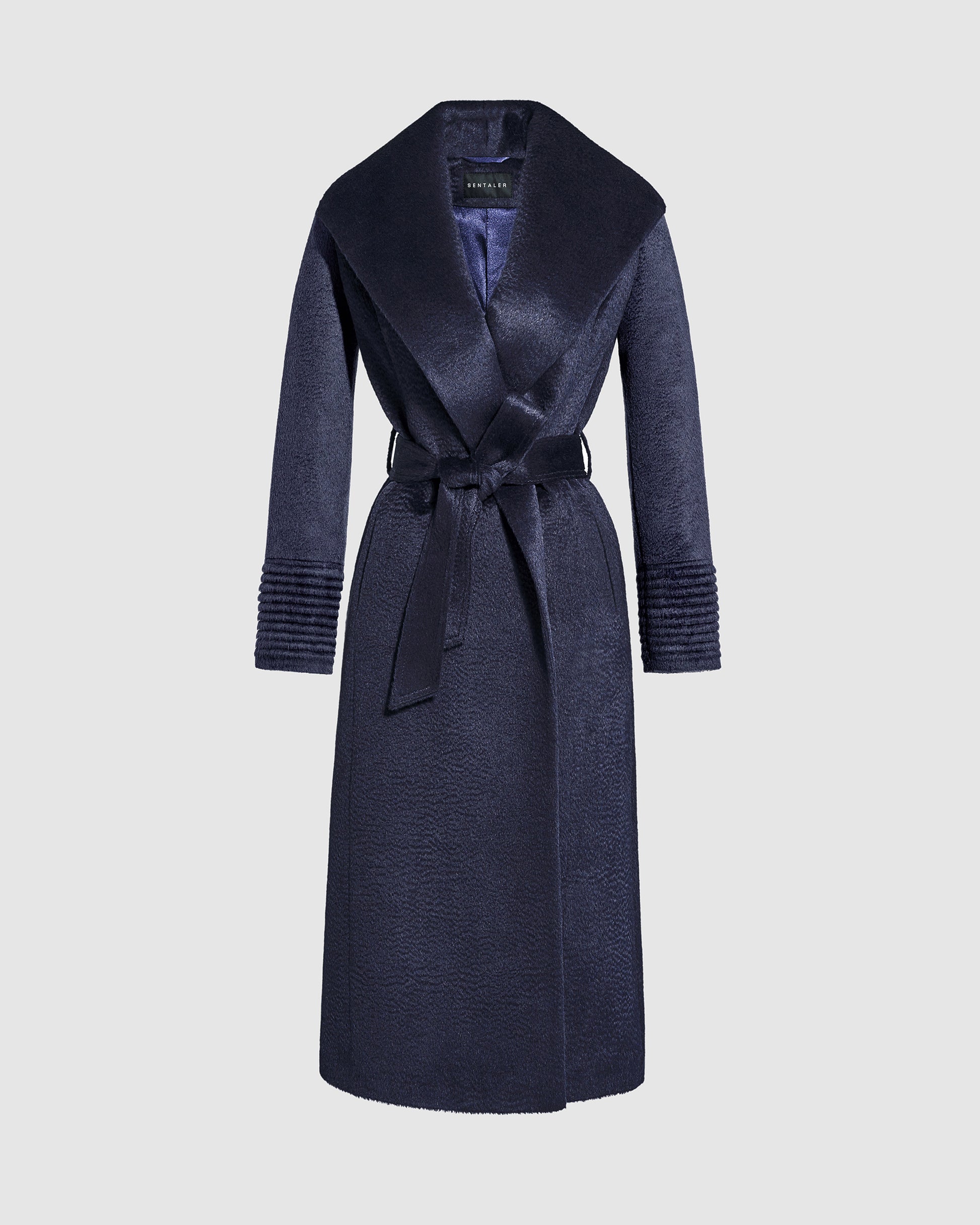 Sentaler long deep navy wrap coat made of suri alpaca wool with a shawl collar, belted.