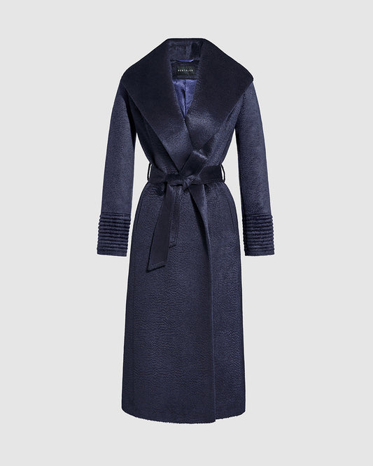 Sentaler Suri Alpaca Long Shawl Collar Wrap Deep Navy Coat in Suri Alpaca wool. Seen as belted off figure.