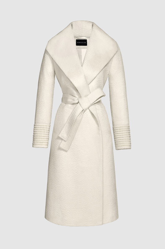 Sentaler Suri Alpaca Long Shawl Collar Wrap Coat featured in Suri Alpaca and available in Ivory. Seen as belted off figure.