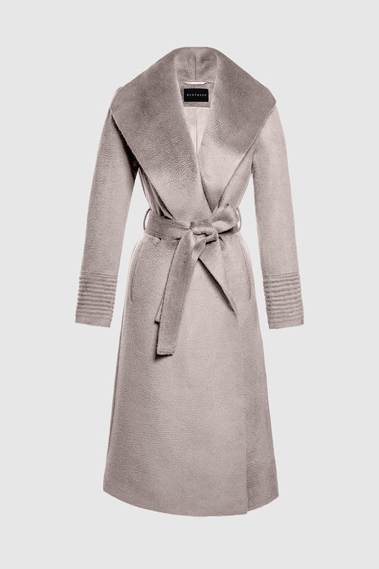Sentaler Suri Alpaca Long Shawl Collar Wrap Coat featured in Suri Alpaca and available in Soft Sand Neutral. Seen as belted off figure.