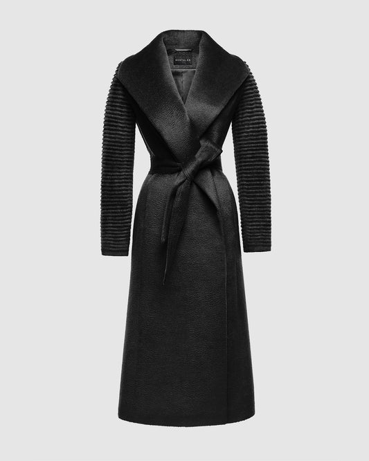 Sentaler long black wrap coat made of suri alpaca wool with ribbed sleeves, belted.