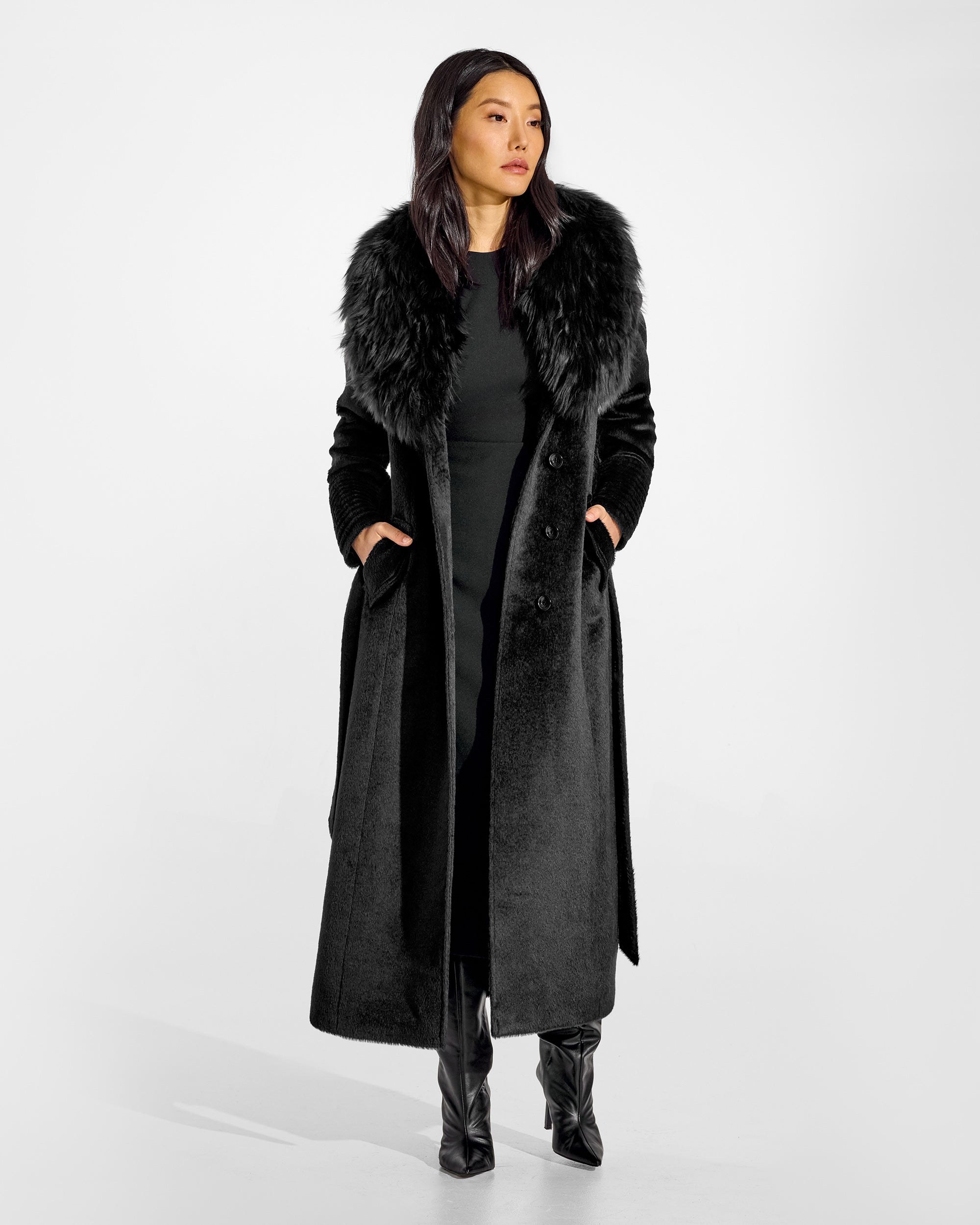 A2230★美品★ ALPACA*ニット*ジャケット*S*黒 Suri Alpaca Maxi Black Coat with Shearling Collar | SENTALER