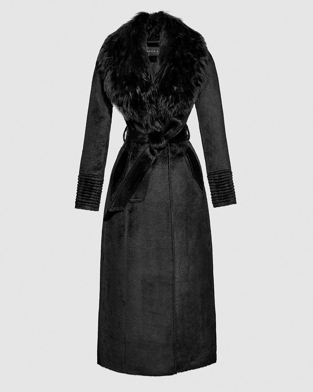 Sentaler Suri Alpaca Maxi Black Coat with Fur Collar in Suri Alpaca wool. Seen as belted off figure.