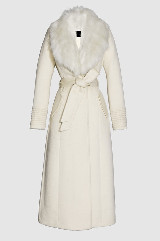 Sentaler Suri Alpaca Maxi Ivory Coat with Fur Collar in Suri Alpaca wool. Seen as belted off figure.