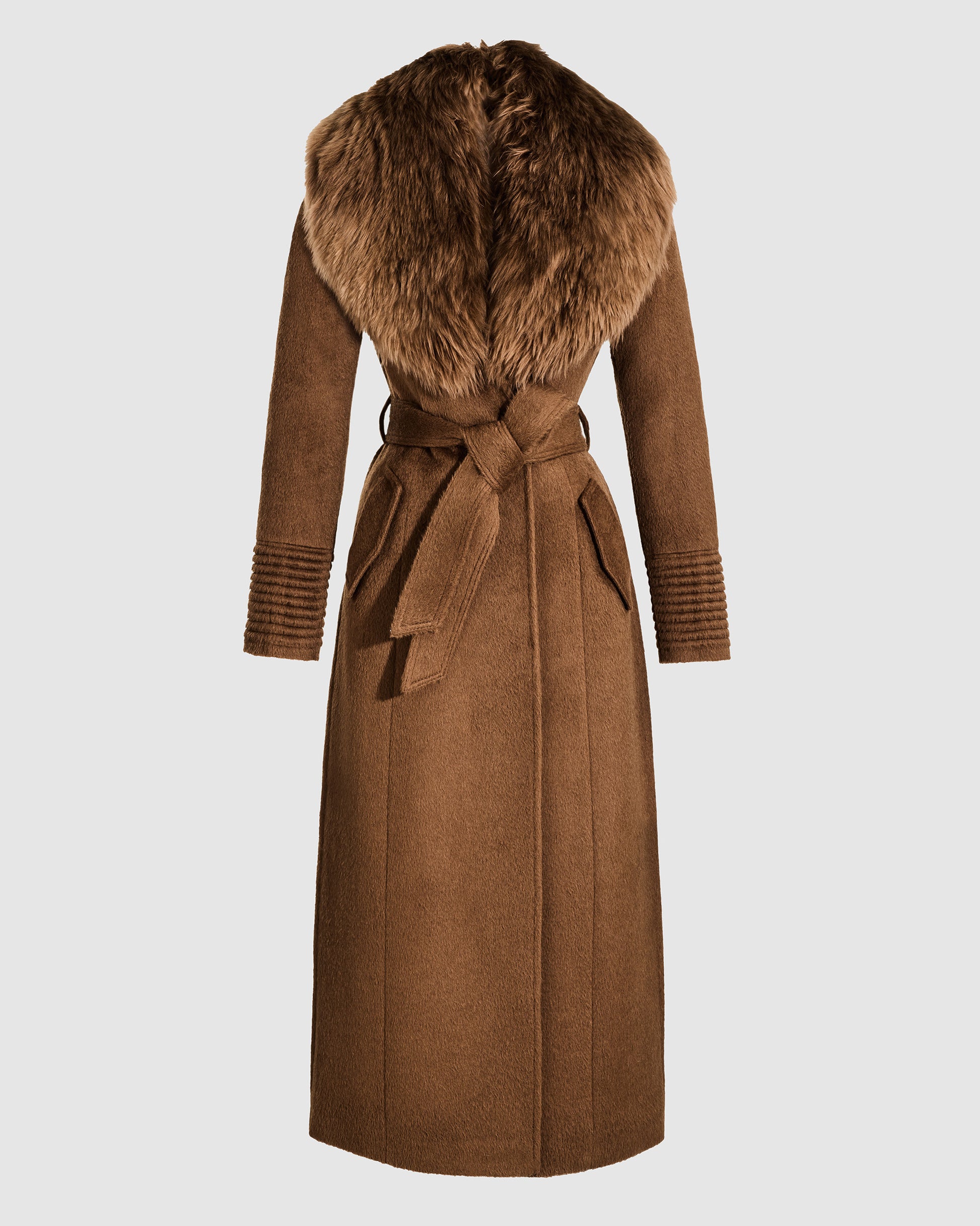Sentaler maxi caramel coat with alpaca shearling collar in suri alpaca wool, shown buttoned and belted.