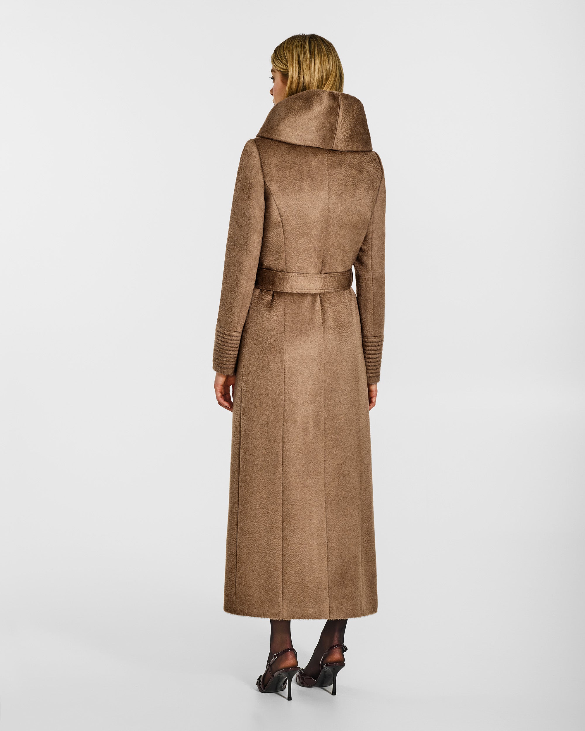 AKM 【ALPACA SHAGGY WRAP ROPE COAT】 Suri Alpaca Maxi Hooded Wrap Dark Camel Coat | SENTALER