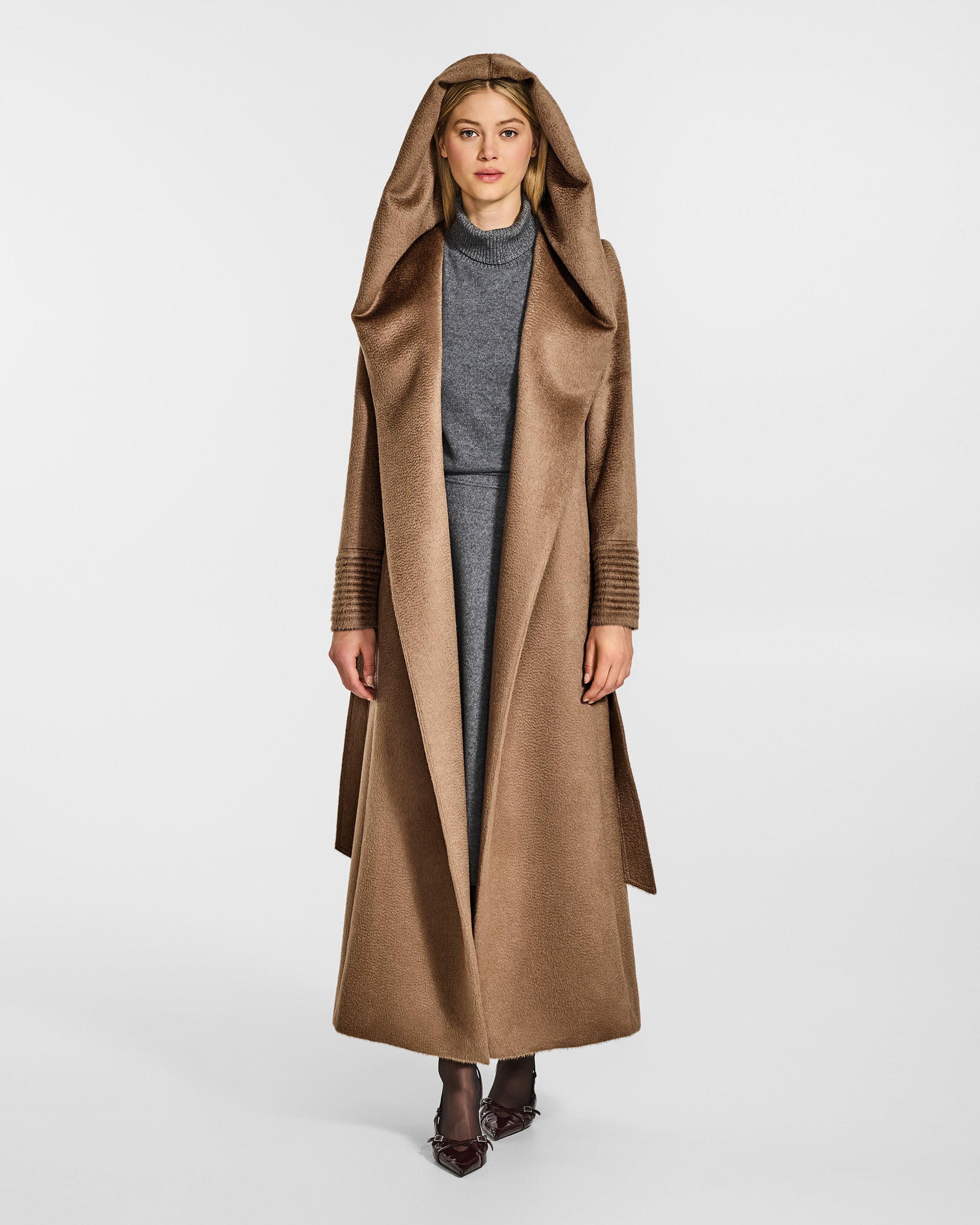 Suri Alpaca Maxi Hooded Wrap Dark Camel Coat | SENTALER