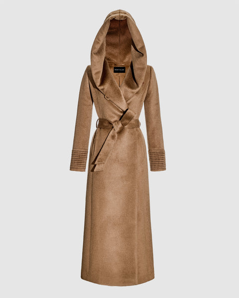 Suri Alpaca Maxi Hooded Wrap Dark Camel Coat | SENTALER