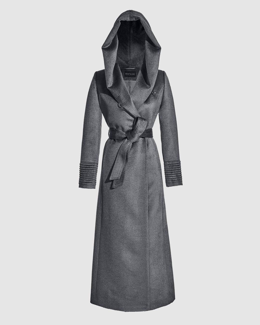 Sentaler maxi graphite coat made of suri alpaca wool with a hooded collar, belted.