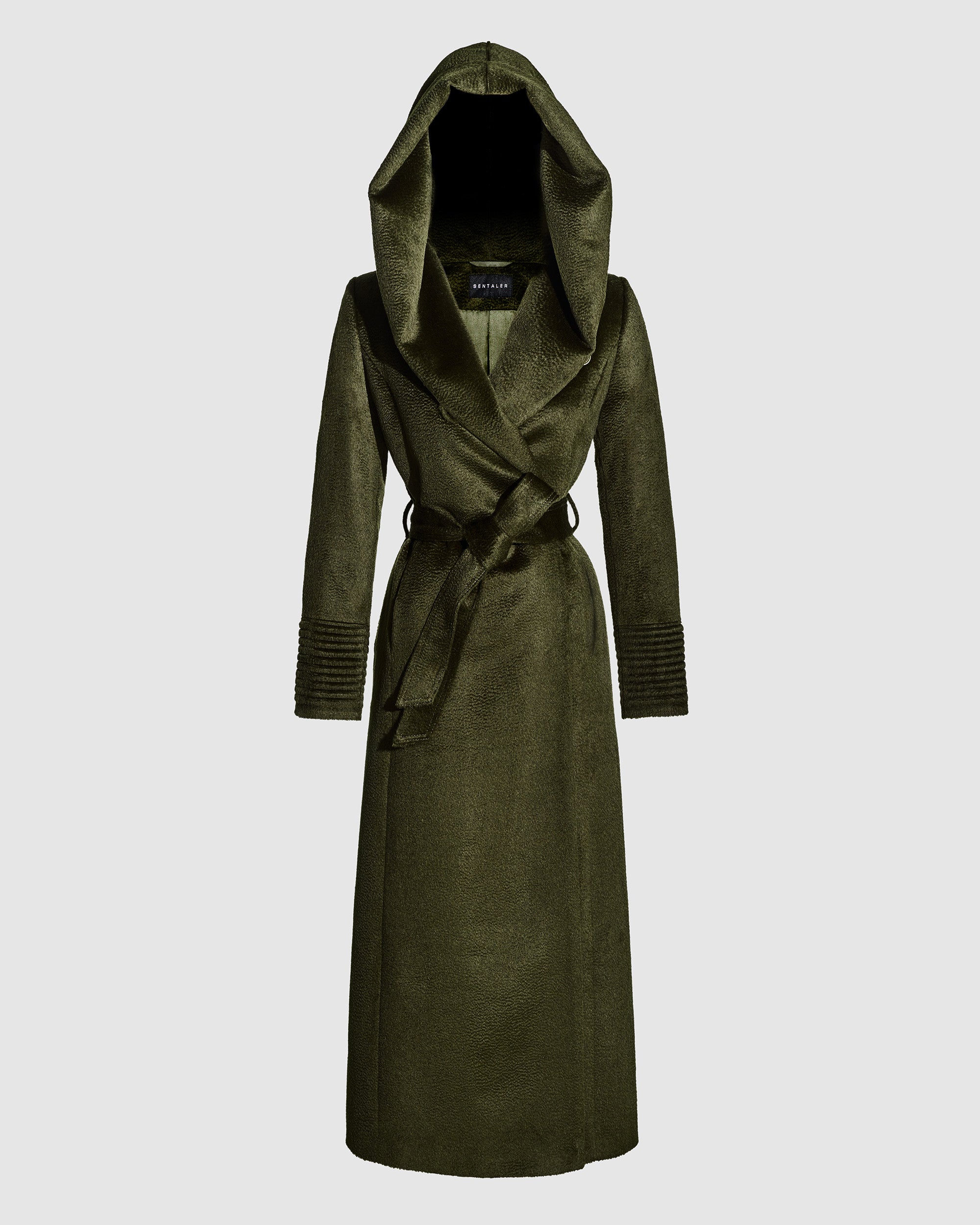 Suri Alpaca Maxi Hooded Wrap Olive Coat | SENTALER