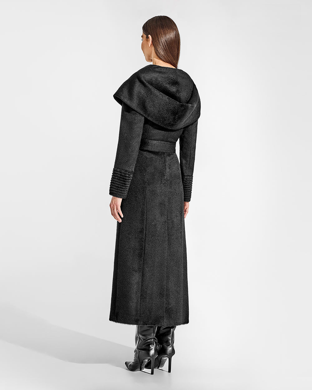 Sentaler Suri Alpaca Maxi Hooded Wrap Black Coat in Suri Alpaca wool. Seen from back belted as female model.