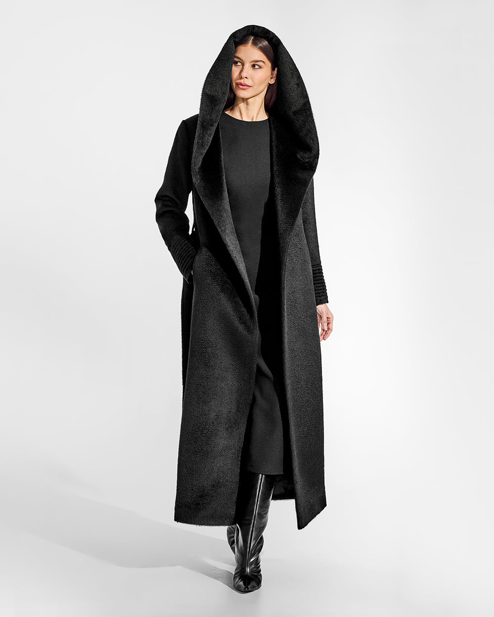 Sentaler Suri Alpaca Maxi Hooded Wrap Black Coat in Suri Alpaca wool. Seen from front open with hood on female model.