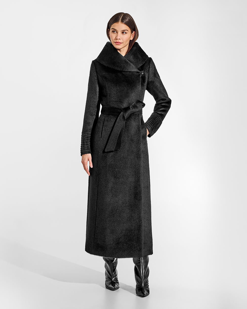 Sentaler Suri Alpaca Maxi Hooded Wrap Black Coat in Suri Alpaca wool. Seen from front belted on female model.