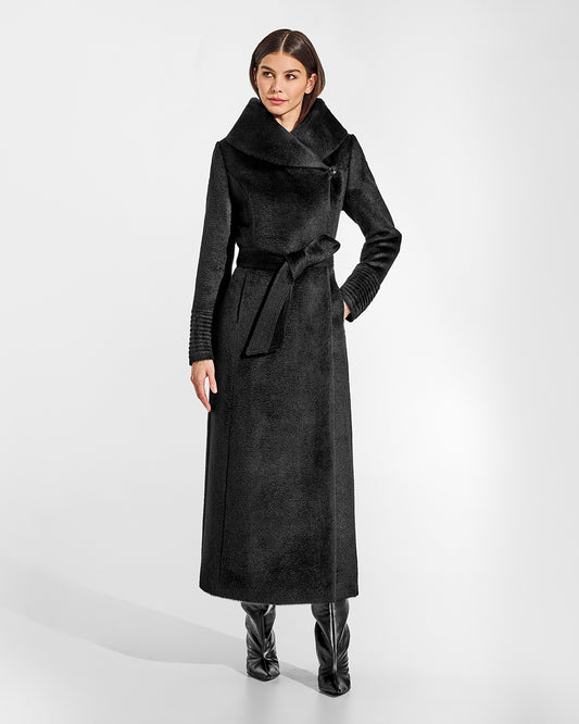 Sentaler Suri Alpaca Maxi Hooded Wrap Black Coat in Suri Alpaca wool. Seen from front belted on female model.