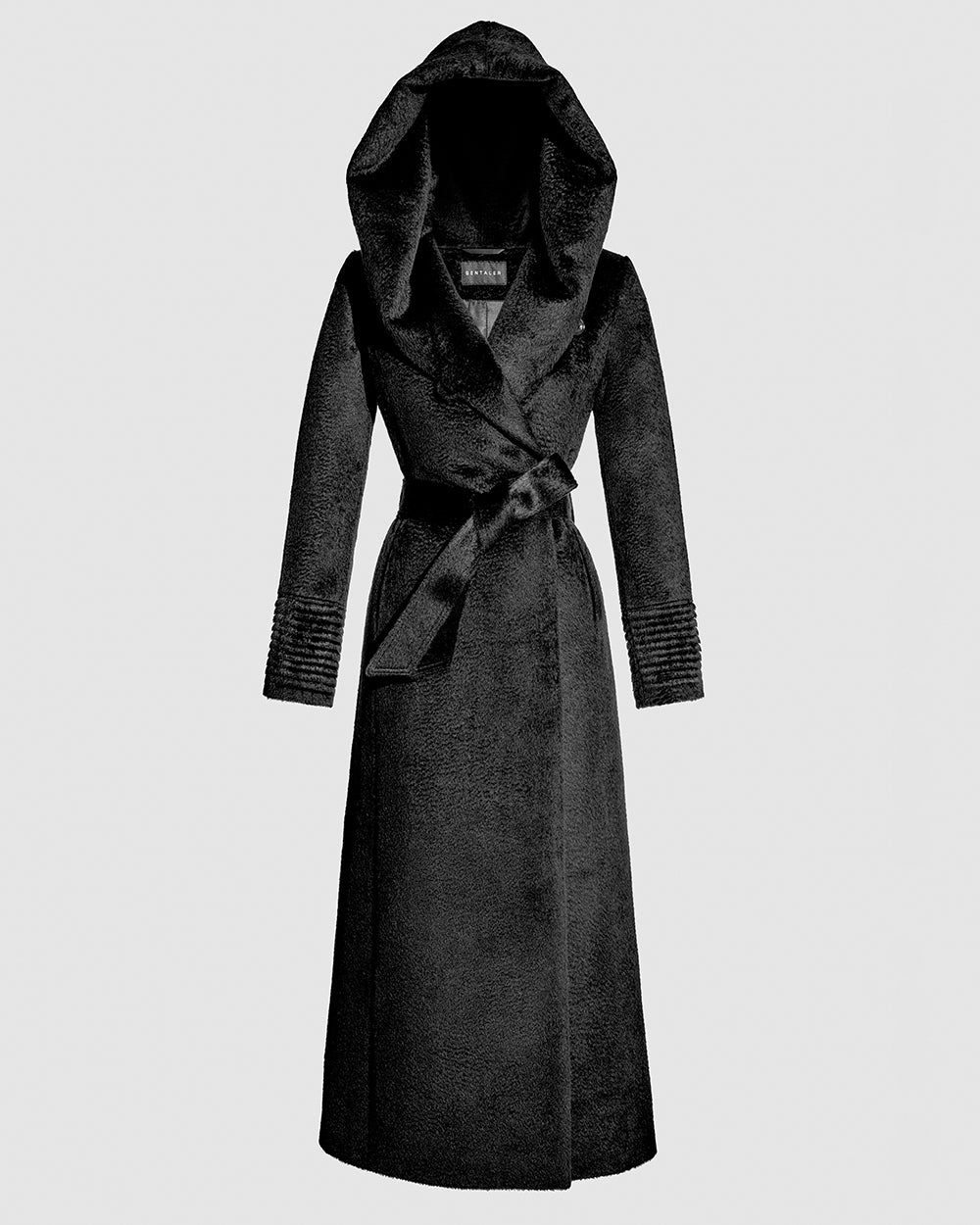 Sentaler Suri Alpaca Maxi Hooded Wrap Black Coat in Suri Alpaca wool. Seen as belted off figure with hood.