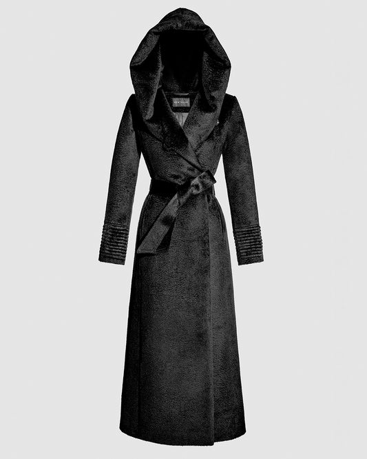 Sentaler Suri Alpaca Maxi Hooded Wrap Black Coat in Suri Alpaca wool. Seen as belted off figure with hood.