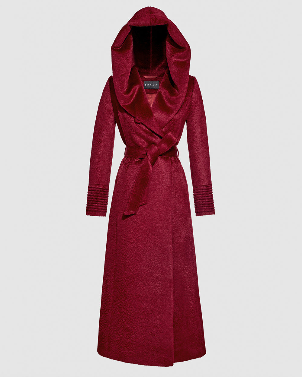 Sentaler Suri Alpaca Maxi Hooded Wrap Bordeaux Coat in Suri Alpaca wool. Seen as belted off figure with hood.