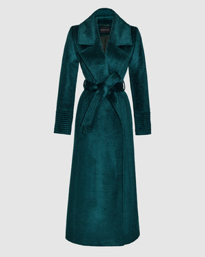 Sentaler emerald green maxi coat made of suri alpaca wool with a notched collar, belted.