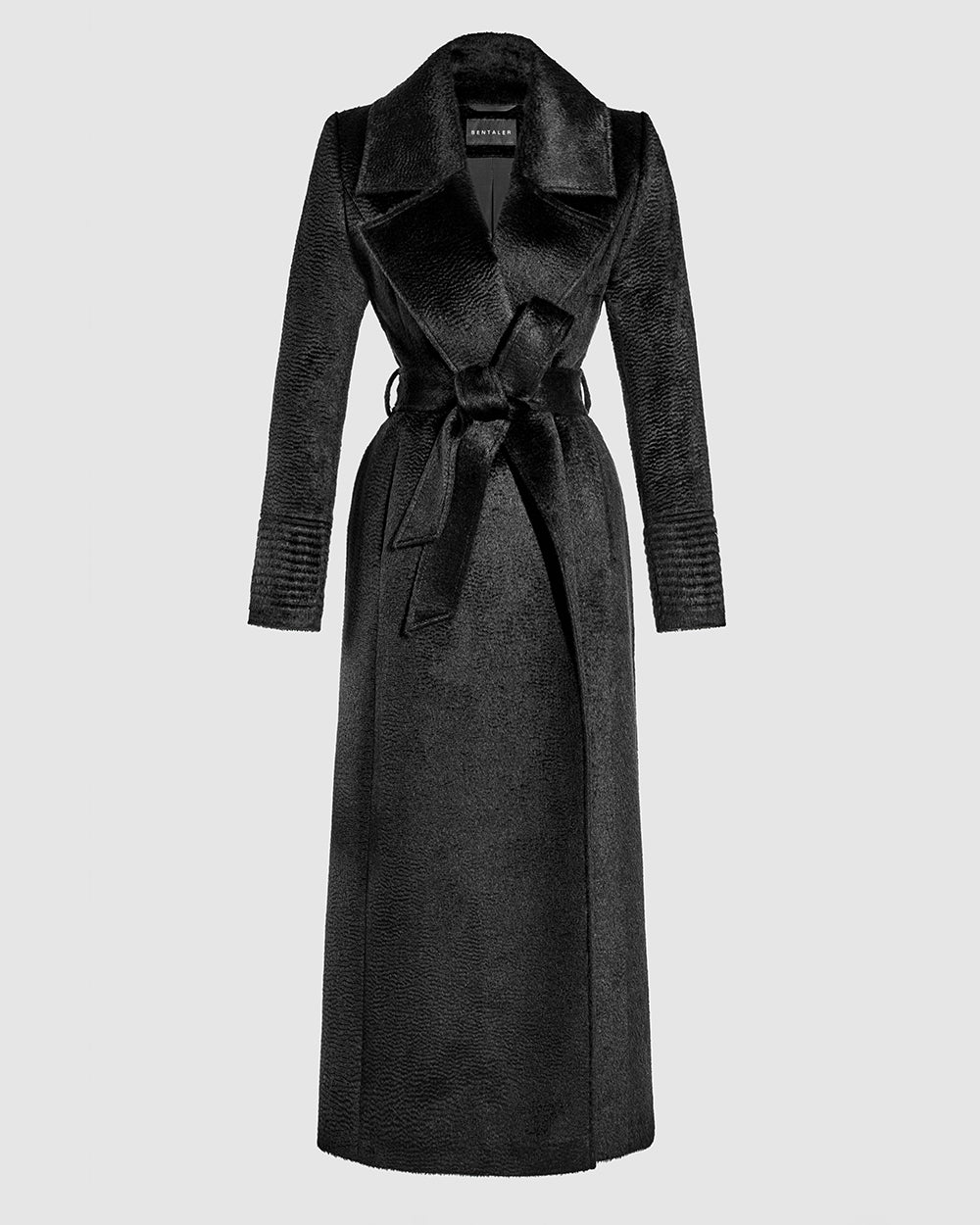 Sentaler Suri Alpaca Maxi Notched Collar Wrap Black Coat in Suri Alpaca wool. Seen as belted off figure.