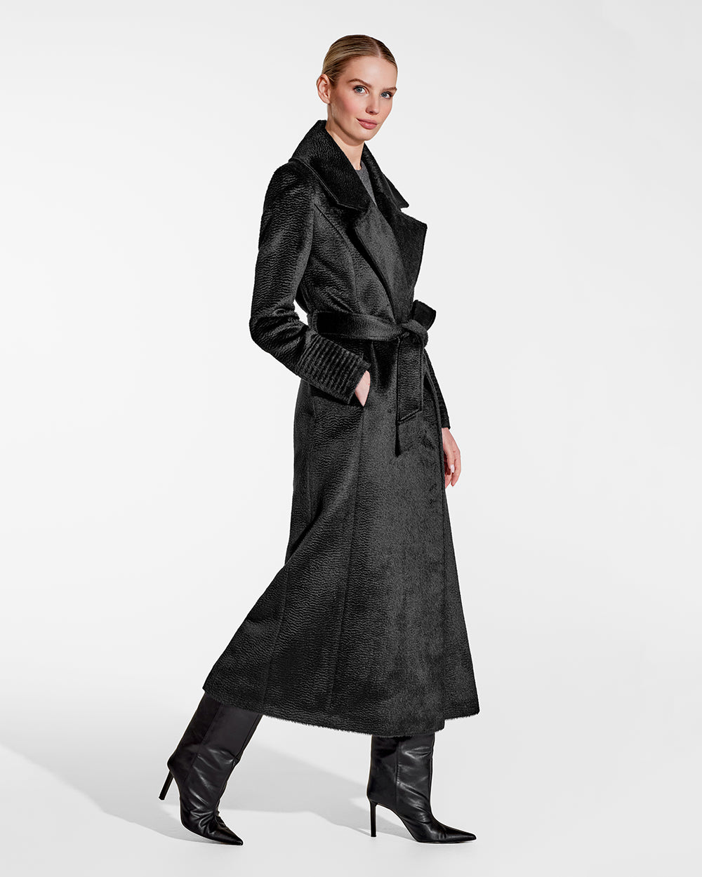 Sentaler Suri Alpaca Maxi Notched Collar Wrap Black Coat in Suri Alpaca wool. Seen from side belted on female model.