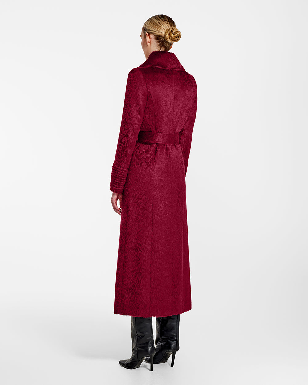 Sentaler Suri Alpaca Maxi Notched Collar Wrap Bordeaux Red Coat in Suri Alpaca wool. Seen from back belted on female model.