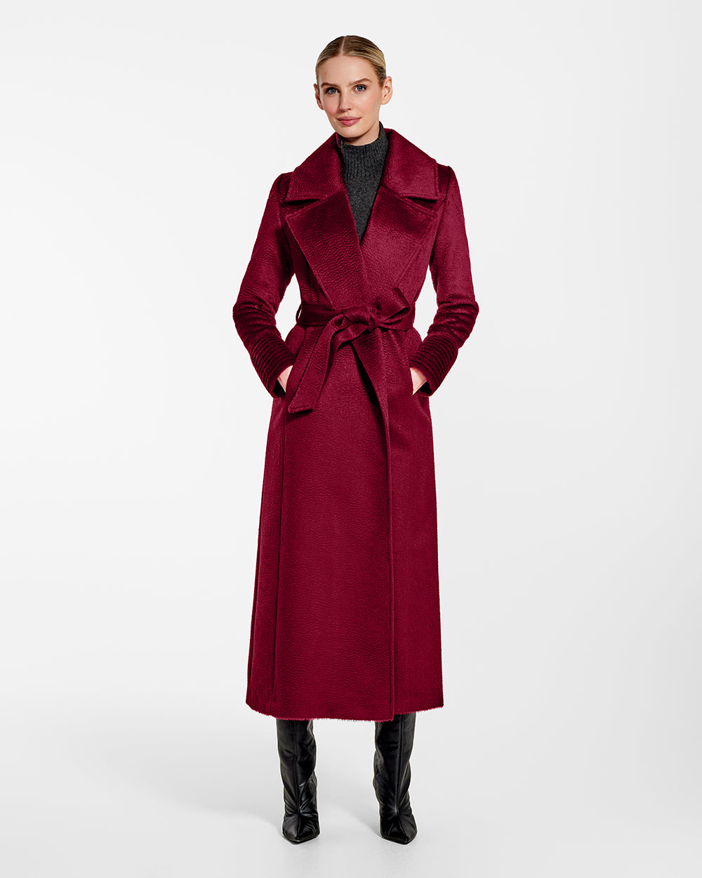 Sentaler Suri Alpaca Maxi Notched Collar Wrap Bordeaux Red Coat in Suri Alpaca wool. Seen from front belted on female model.