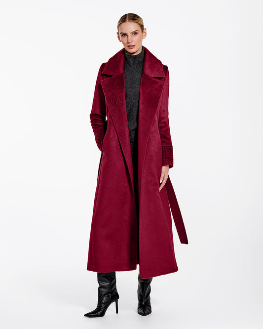 Sentaler Suri Alpaca Maxi Notched Collar Wrap Bordeaux Red Coat in Suri Alpaca wool. Seen from front open on female model.