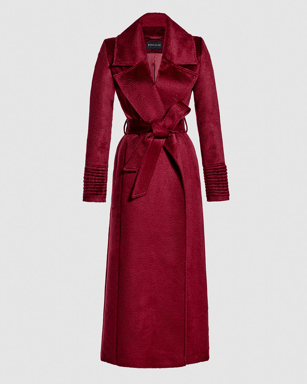 Sentaler Suri Alpaca Maxi Notched Collar Wrap Bordeaux Red Coat in Suri Alpaca wool. Seen as belted off figure.