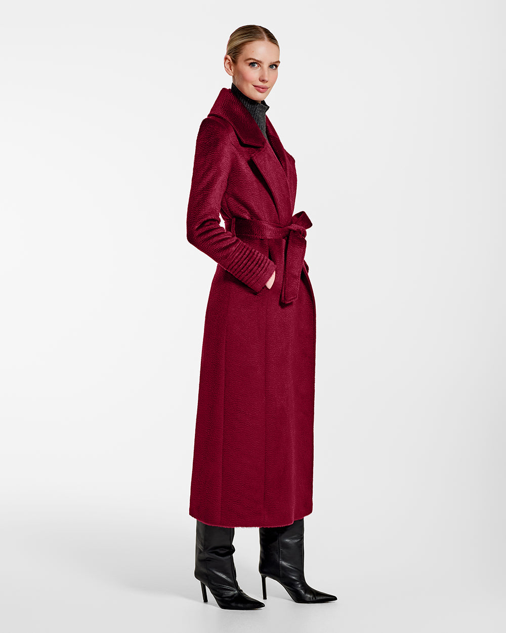 Sentaler Suri Alpaca Maxi Notched Collar Wrap Bordeaux Red Coat in Suri Alpaca wool. Seen from side belted on female model.