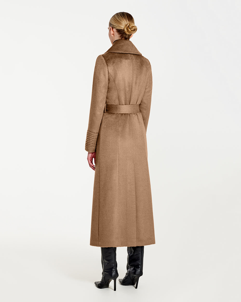 Sentaler Suri Alpaca Maxi Notched Collar Wrap Dark Camel Brown Coat in Suri Alpaca wool. Seen from back belted on female model.