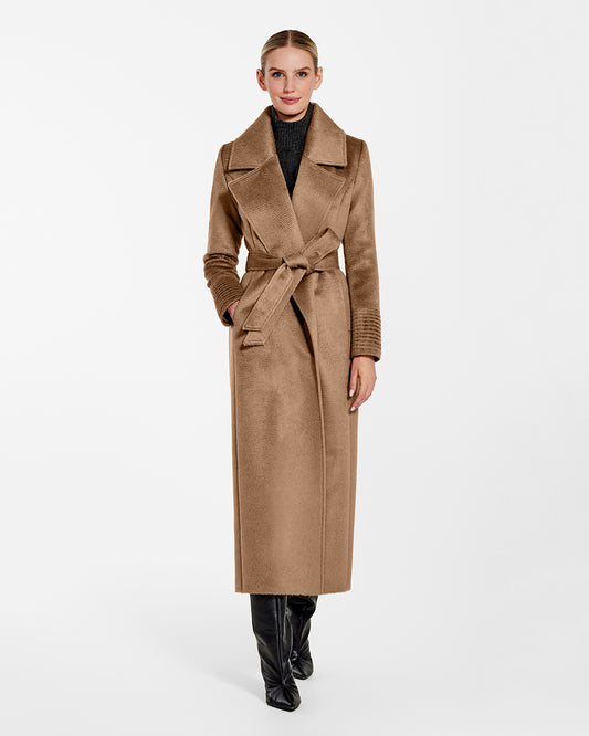 Sentaler Suri Alpaca Maxi Notched Collar Wrap Dark Camel Brown Coat in Suri Alpaca wool. Seen from front belted on female model.