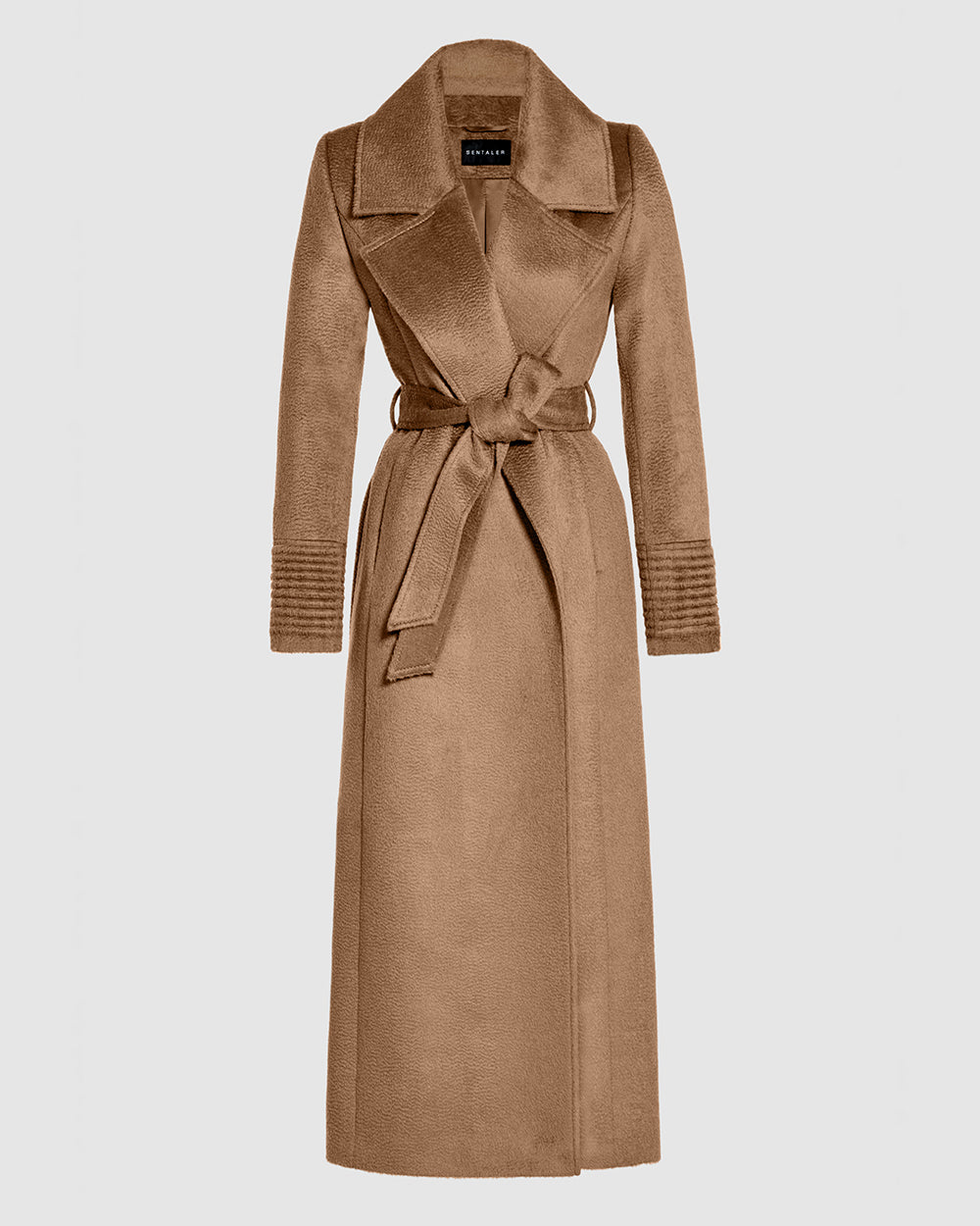 Sentaler Suri Alpaca Maxi Notched Collar Wrap Dark Camel Brown Coat in Suri Alpaca wool. Seen as belted off figure.