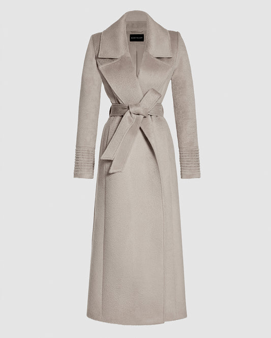 Sentaler Suri Alpaca Maxi Notched Collar Wrap Soft Sand Coat in Suri Alpaca wool. Seen as belted off figure.