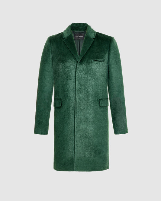 Sentaler Suri Alpaca Notched Lapel Deep Emerald Green Overcoat in Suri Alpaca wool. Seen as off figure.