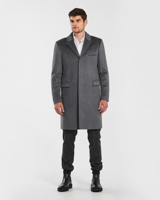 Sentaler Notched Lapel Bold Graphite Grey Overcoat in Suri Alpaca wool. Seen from front on male model, worn buttoned.