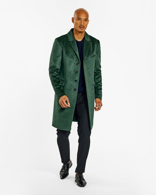 Sentaler Suri Alpaca Notched Lapel Deep Emerald Green Overcoat in Suri Alpaca wool. Seen from front open on male model.