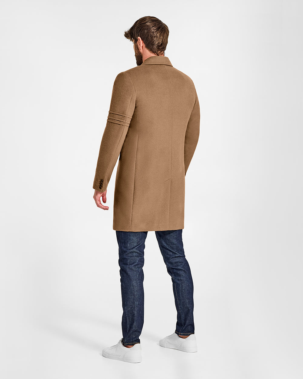 Sentaler Baby Alpaca Notched Lapel Dark Camel Overcoat in Technical Baby Alpaca wool. Seen from back on male model.