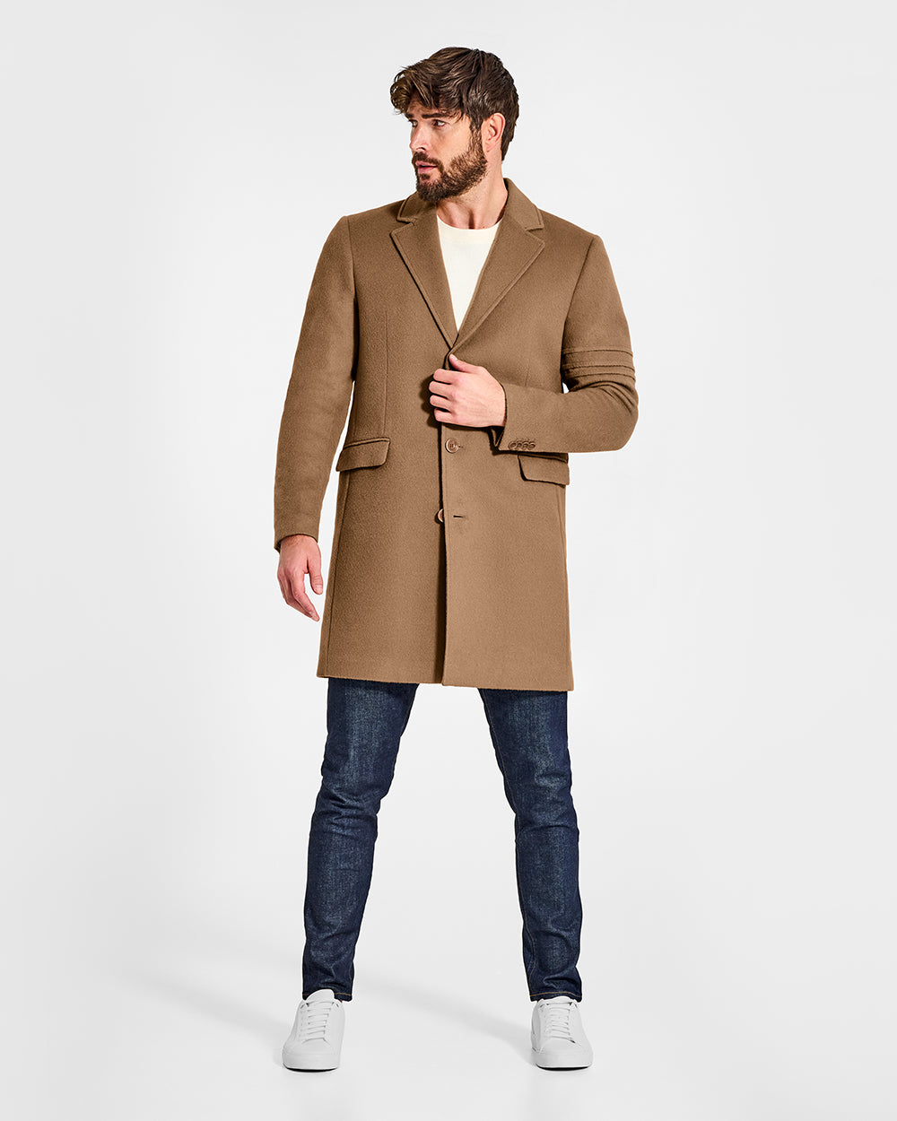 Sentaler Baby Alpaca Notched Lapel Dark Camel Overcoat in Technical Baby Alpaca wool. Seen from front on male model.